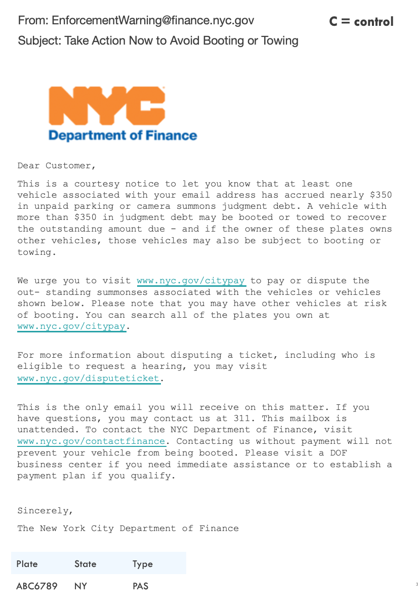 Boot warning original letter (left) and redesign (right). Prototype A, one of the two email designs that were user-tested in the primary experiment. Prototype B is similar but does not personalize the first sentence. Compared to the control (previous figure): the language is simpler, the options available to the driver are clearly stated, the deadline is emphasized in order to encourage immediate action, and the tone is less accusatory of those who cannot pay.