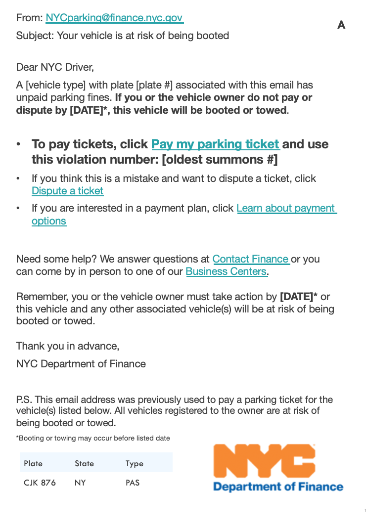 Boot warning original letter (left) and redesign (right). Prototype A, one of the two email designs that were user-tested in the primary experiment. Prototype B is similar but does not personalize the first sentence. Compared to the control (previous figure): the language is simpler, the options available to the driver are clearly stated, the deadline is emphasized in order to encourage immediate action, and the tone is less accusatory of those who cannot pay.